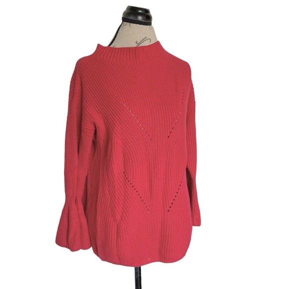 Loft Red Sweater Ribbed High Neckline Mock Chunky Knit Bell Sleeve Size Medium - Picture 2 of 12